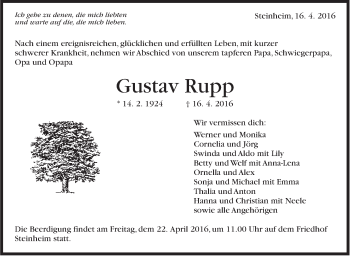 Traueranzeige von Gustav Rupp von Marbacher Zeitung