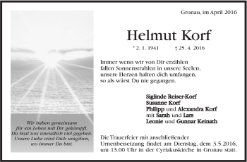 Traueranzeige von Helmut Korf von Marbacher Zeitung