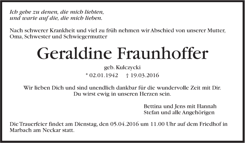  Traueranzeige für Geraldine Fraunhoffer vom 01.04.2016 aus Marbacher Zeitung