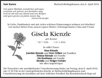 Traueranzeige von Gisela Kienzle von Marbacher Zeitung