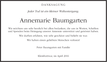 Traueranzeige von Annemarie Baumgarten von Marbacher Zeitung