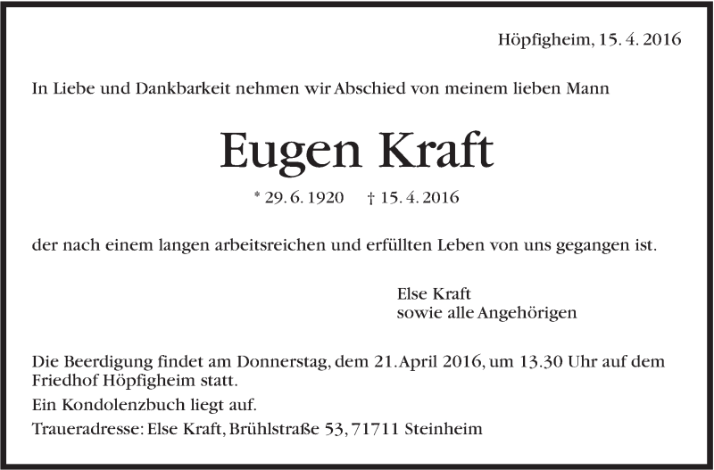  Traueranzeige für Eugen Kraft vom 19.04.2016 aus Marbacher Zeitung