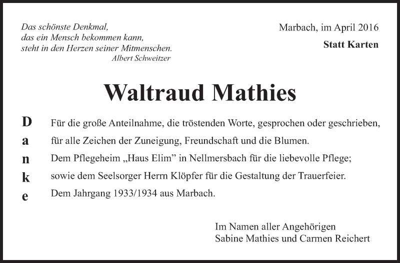  Traueranzeige für Waltraud Mathies vom 16.04.2016 aus Marbacher Zeitung