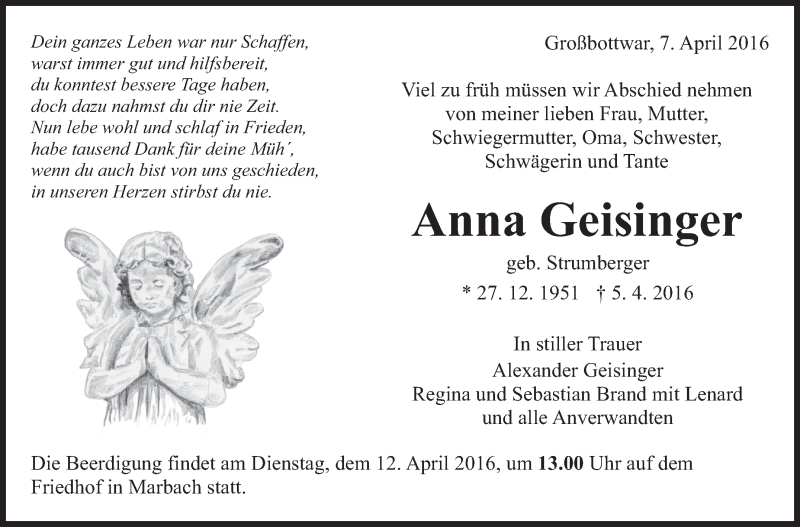  Traueranzeige für Anna Geisinger vom 07.04.2016 aus Marbacher Zeitung