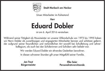 Traueranzeige von Eduard Dobler von Marbacher Zeitung