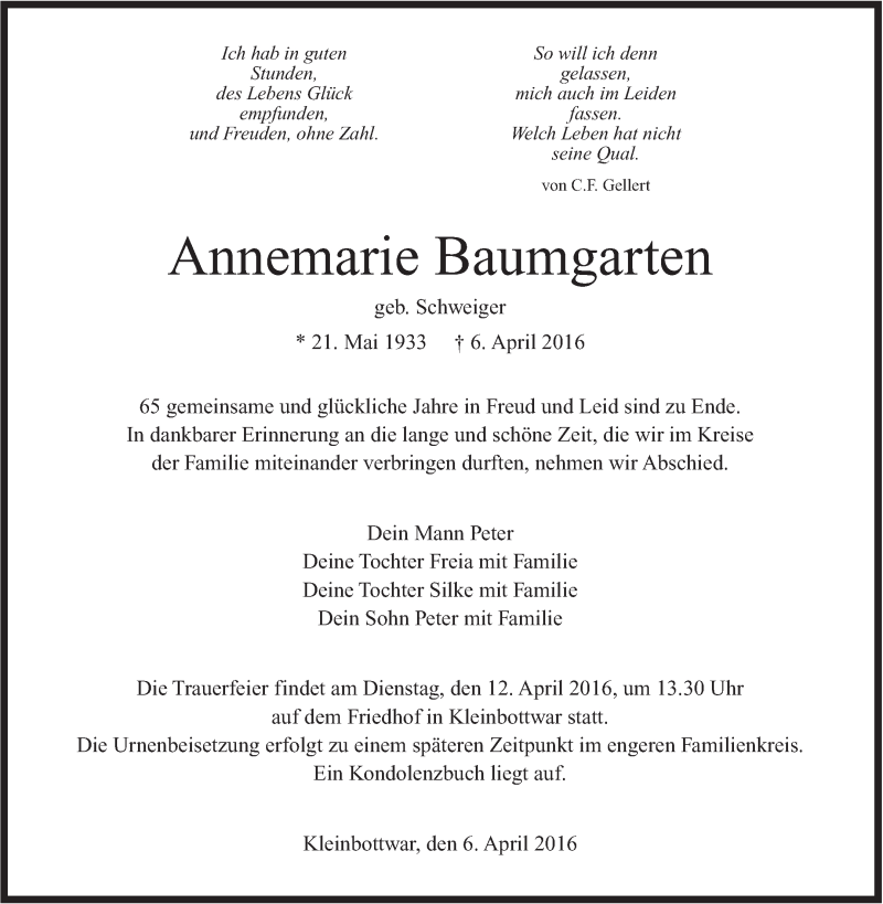  Traueranzeige für Annemarie Baumgarten vom 09.04.2016 aus Marbacher Zeitung