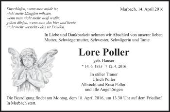 Traueranzeige von Lore Poller von Marbacher Zeitung