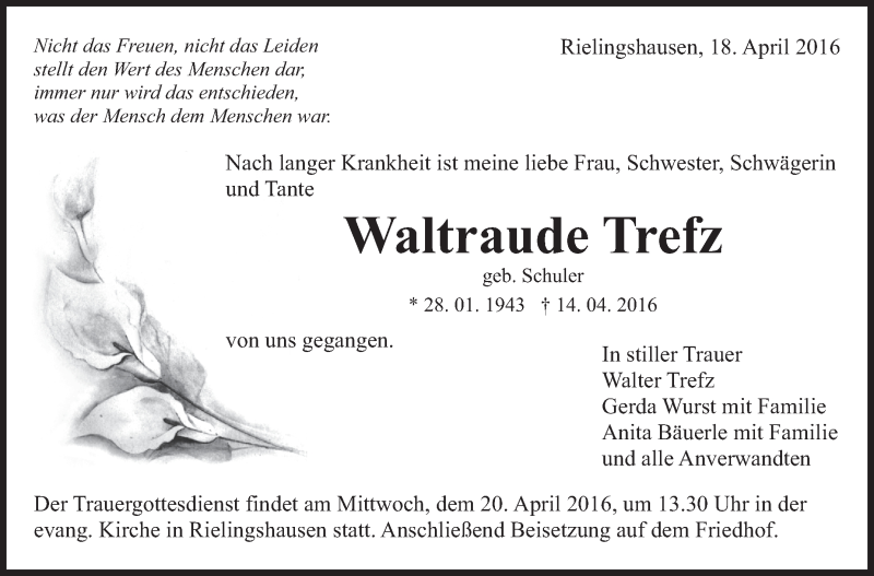  Traueranzeige für Waltraude Trefz vom 18.04.2016 aus Marbacher Zeitung