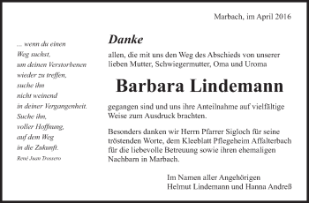 Traueranzeige von Barbara Lindemann von Marbacher Zeitung
