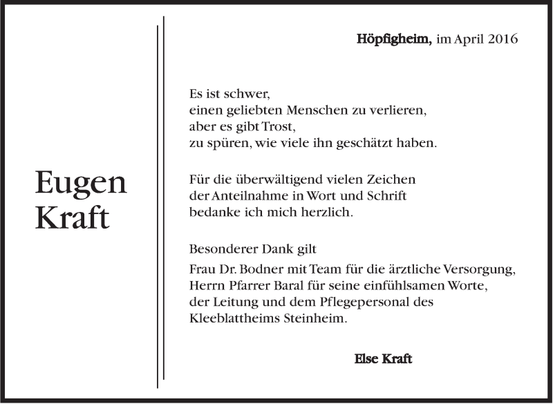  Traueranzeige für Eugen Kraft vom 29.04.2016 aus Marbacher Zeitung