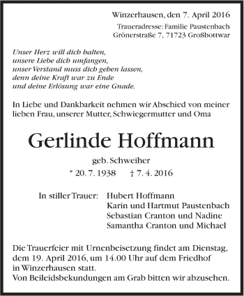 Traueranzeige von Gerlinde Hoffmann von Marbacher Zeitung
