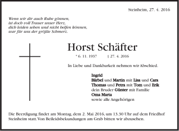 Traueranzeige von Horst Schäfter von Marbacher Zeitung