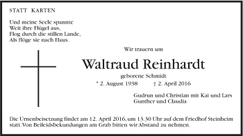 Traueranzeige von Waltraud Reinhardt von Marbacher Zeitung