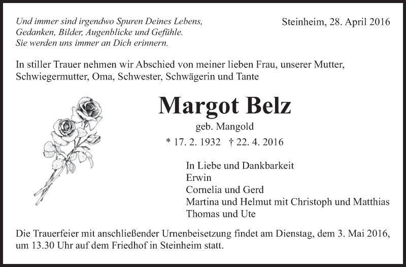  Traueranzeige für Margot Belz vom 28.04.2016 aus Marbacher Zeitung