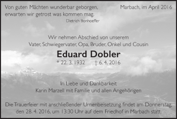 Traueranzeige von Eduard Dobler von Marbacher Zeitung