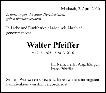 Traueranzeige von Walter Pfeiffer von Marbacher Zeitung