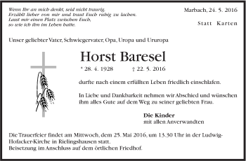 Traueranzeige von Horst Baresel von Marbacher Zeitung