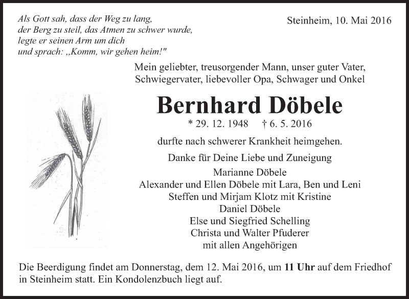  Traueranzeige für Bernhard Döbele vom 10.05.2016 aus Marbacher Zeitung
