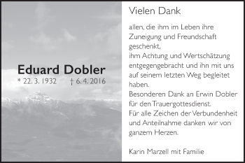 Traueranzeige von Eduard Dobler von Marbacher Zeitung