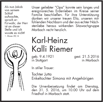 Traueranzeige von Karl-Heinz Riemer von Marbacher Zeitung