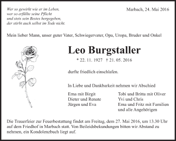 Traueranzeige von Leo Burgstaller von Marbacher Zeitung