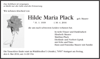 Traueranzeige von Hilde Maria Plack von Marbacher Zeitung