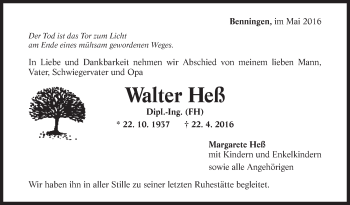 Traueranzeige von Walter Heß von Marbacher Zeitung