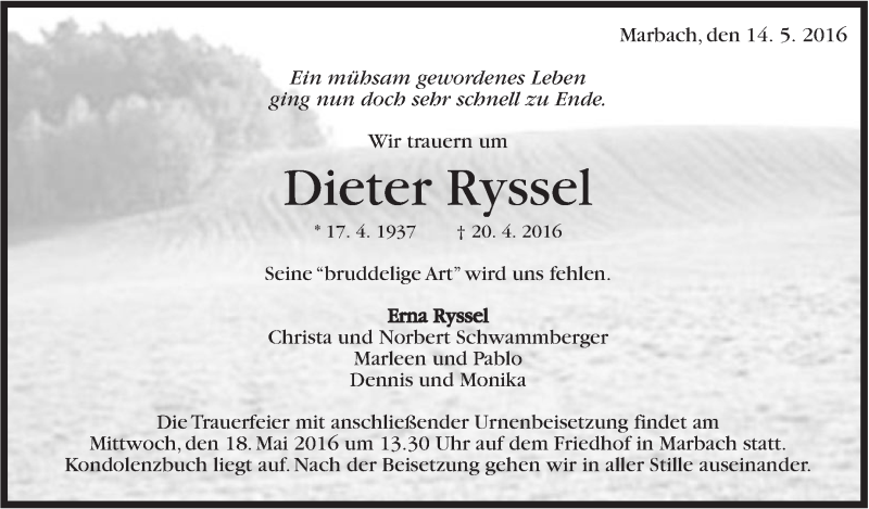  Traueranzeige für Dieter Ryssel vom 14.05.2016 aus Marbacher Zeitung