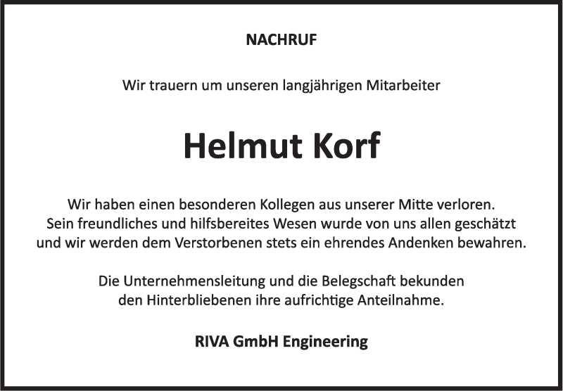  Traueranzeige für Helmut Korf vom 02.05.2016 aus Marbacher Zeitung