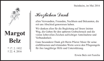 Traueranzeige von Margot Belz von Marbacher Zeitung