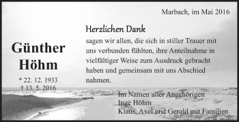 Traueranzeige von Günther Höhm von Marbacher Zeitung