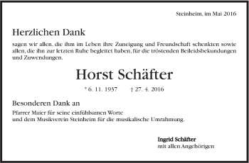 Traueranzeige von Horst Schäfter von Marbacher Zeitung