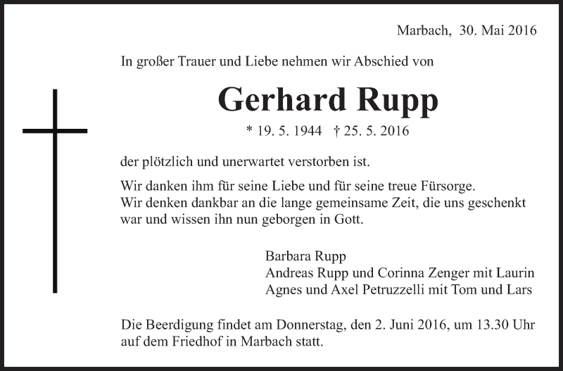  Traueranzeige für Gerhard Rupp vom 30.05.2016 aus Marbacher Zeitung