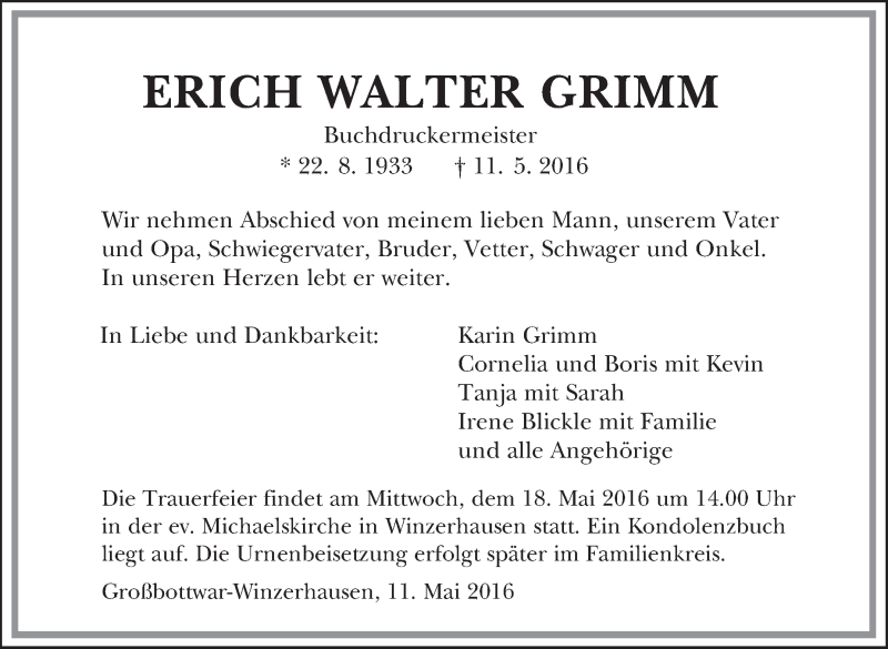  Traueranzeige für Erich Walter Grimm vom 14.05.2016 aus Marbacher Zeitung