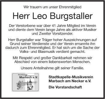 Traueranzeige von Leo Burgstaller von Marbacher Zeitung