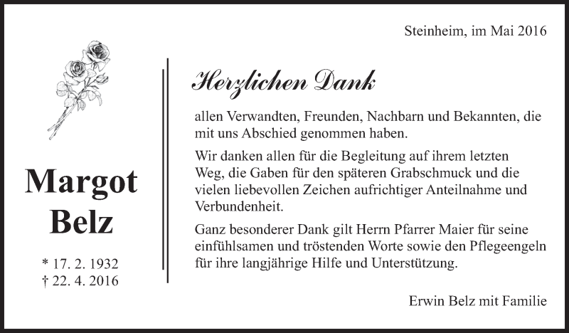  Traueranzeige für Margot Belz vom 11.05.2016 aus Marbacher Zeitung