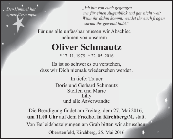 Traueranzeige von Oliver Schmautz von Marbacher Zeitung