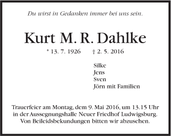 Traueranzeige von Kurt M. R. Dahlke von Marbacher Zeitung