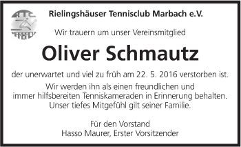 Traueranzeige von Oliver Schmautz von Marbacher Zeitung