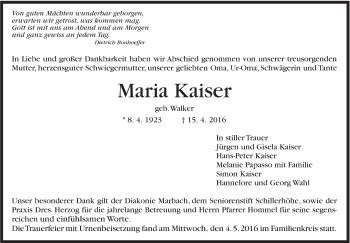 Traueranzeige von Maria Kaiser von Marbacher Zeitung