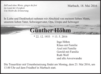 Traueranzeige von Günther Höhm von Marbacher Zeitung