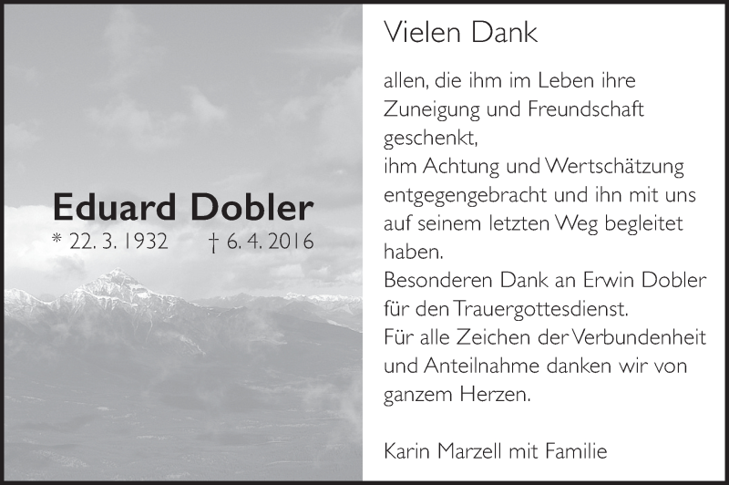  Traueranzeige für Eduard Dobler vom 07.05.2016 aus Marbacher Zeitung