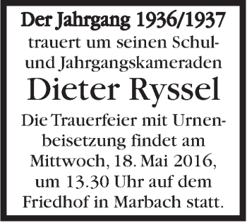 Traueranzeige von Dieter Ryssel von Marbacher Zeitung
