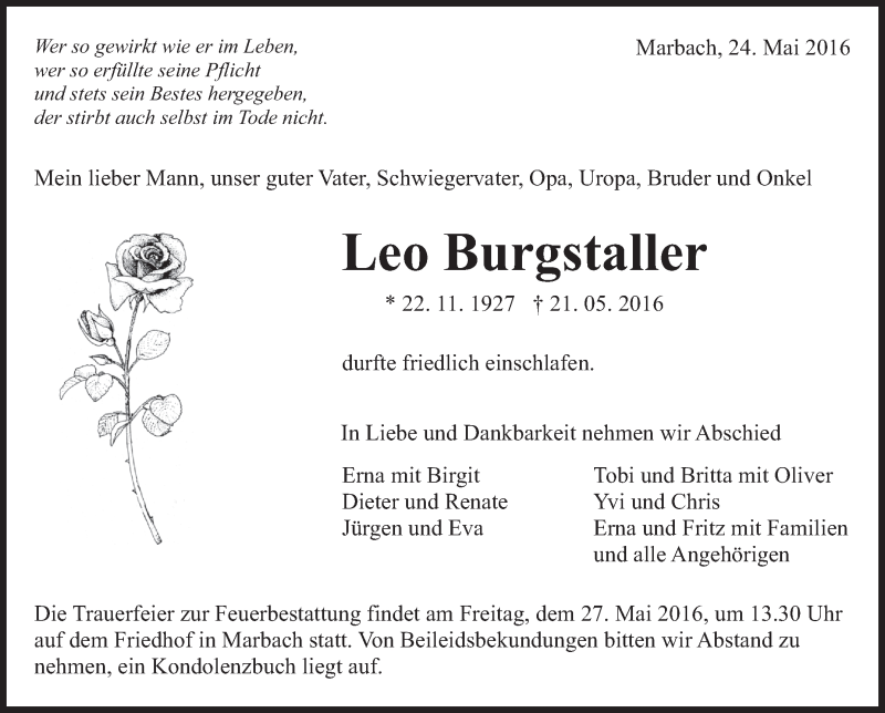  Traueranzeige für Leo Burgstaller vom 24.05.2016 aus Marbacher Zeitung