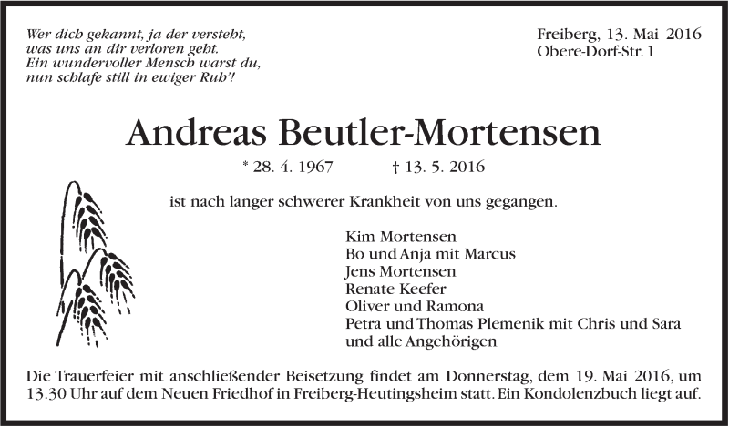  Traueranzeige für Andreas Beutler-Mortensen vom 18.05.2016 aus Marbacher Zeitung