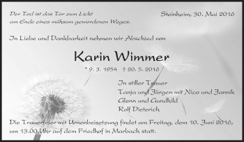 Traueranzeige von Karin Wimmer von Marbacher Zeitung