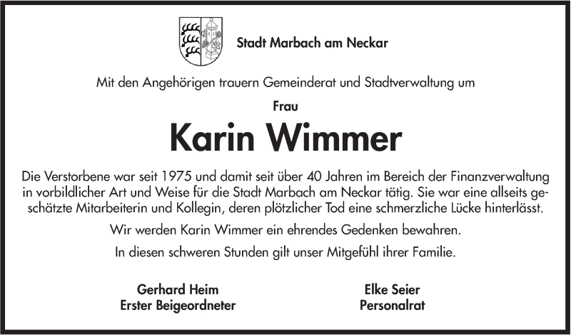  Traueranzeige für Karin Wimmer vom 30.05.2016 aus Marbacher Zeitung