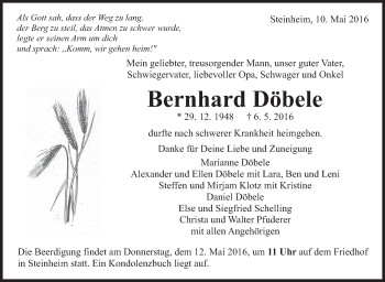 Traueranzeige von Bernhard Döbele von Marbacher Zeitung