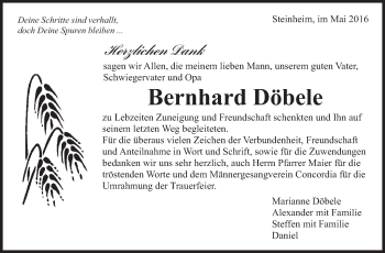 Traueranzeige von Bernhard Döbele von Marbacher Zeitung