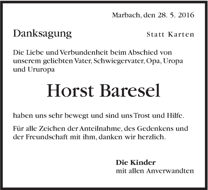  Traueranzeige für Horst Baresel vom 28.05.2016 aus Marbacher Zeitung